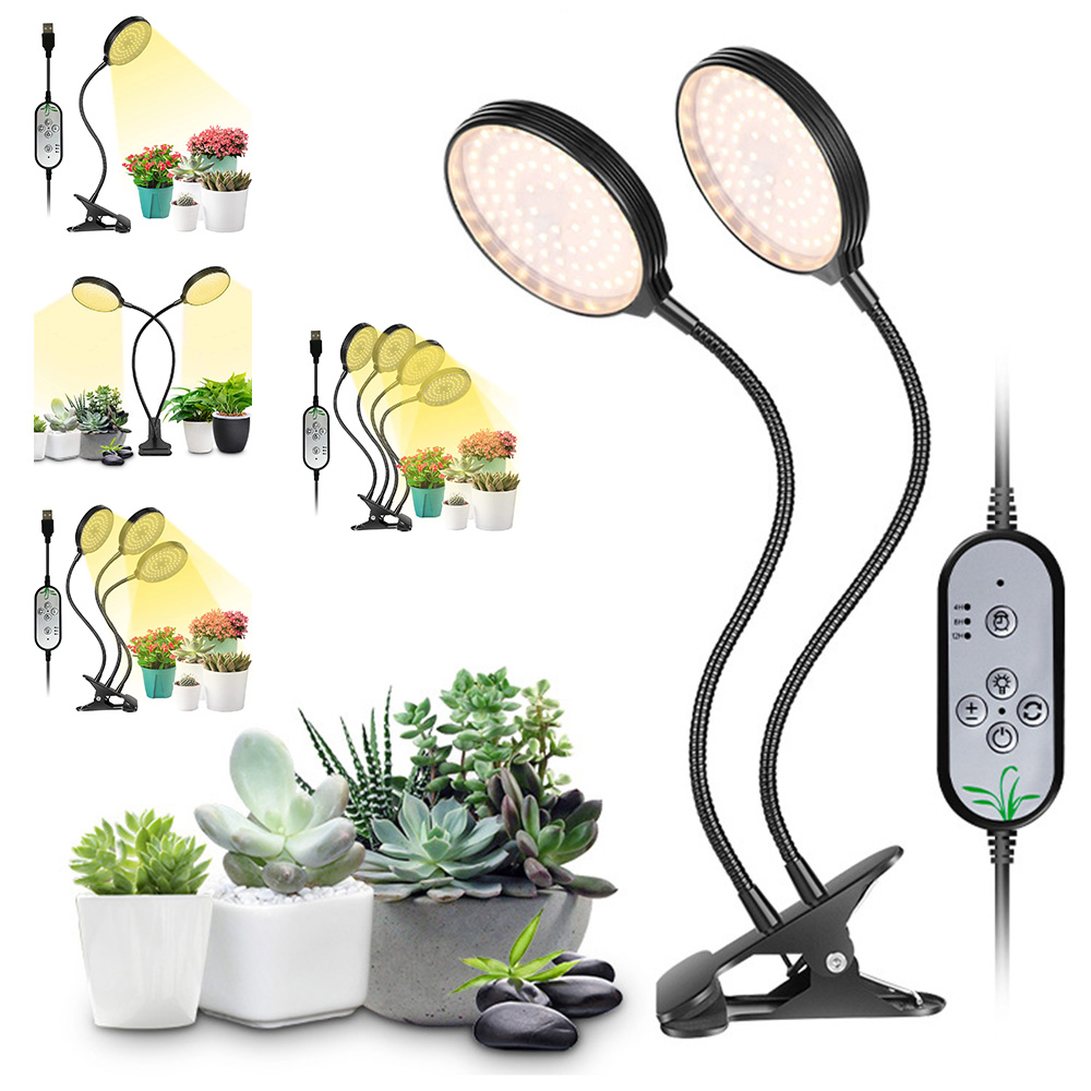 Skksst LED Plant Grow Lights With Timer 2 Heads Clip-On Full Spectrum Sunlike Lamp for Indoor Succulent Greenhouse Flower